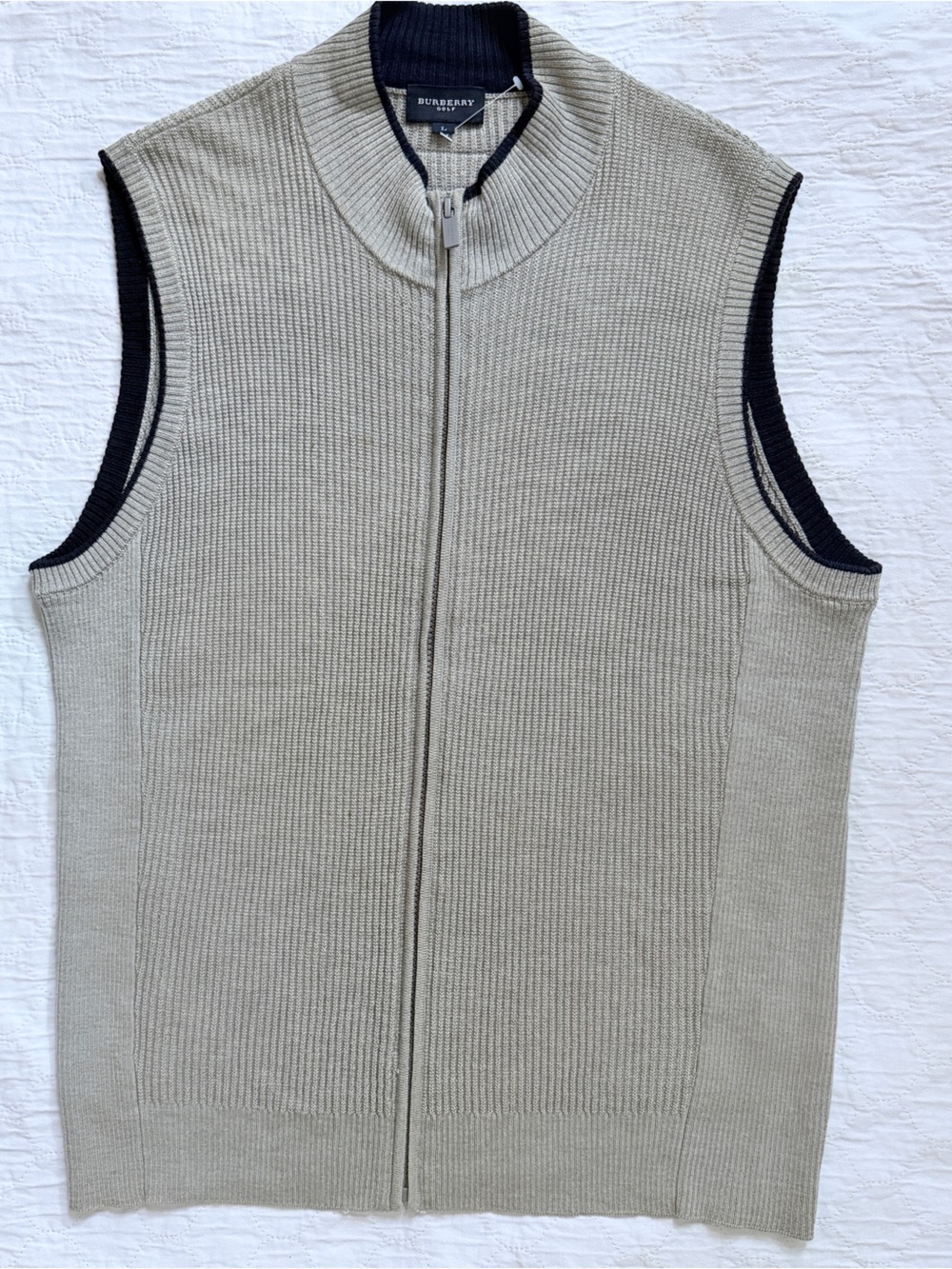 Burberry Golf Men’s Wool Full Zip Knit Sweater Vest Gray Mock Neck Size L